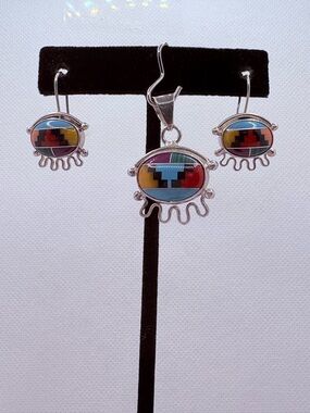 Southwest Multicolor Sterling Silver Oval Earring & Pendant Set Zuni Style 10gm